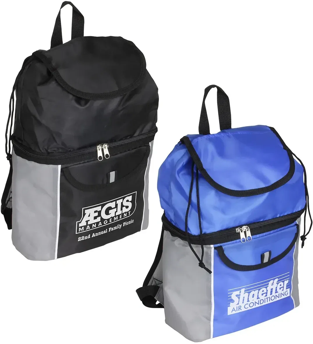 Custom Journey Dual-Compartment Cooler Backpack, branded insulated pack with gear top and drink cooler, front view