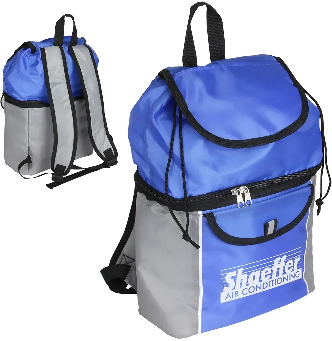 Branded Journey Dual-Compartment Cooler Backpack shown from the side, promotional insulated cooler backpack for outdoors