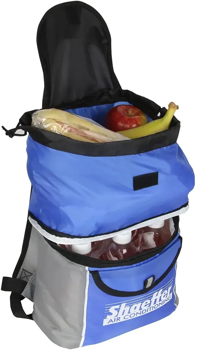 Custom Journey Dual-Compartment Cooler Backpack with lower cooler open, logo-ready insulated pack for the trail