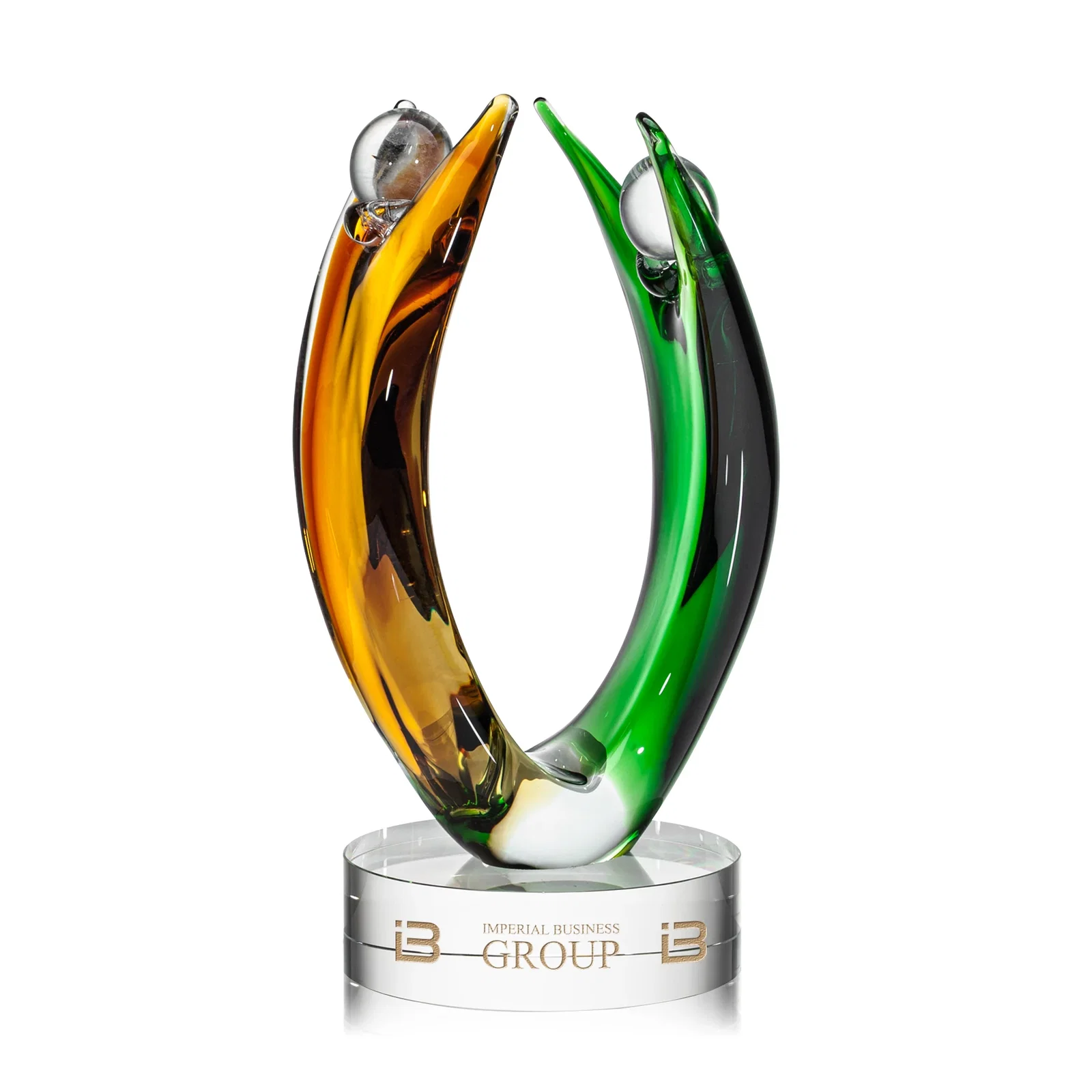 Custom Amber and Green Art Glass Figure, Sized for a Shelf or Credenza for employee recognition
