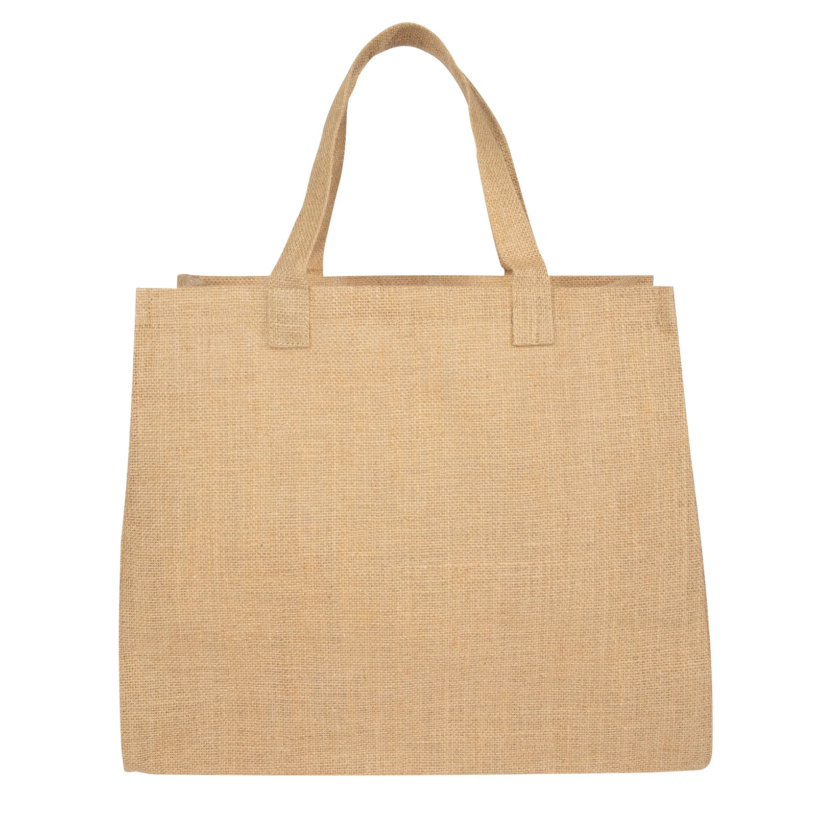 Three-quarter angle of the boxy jute shopper