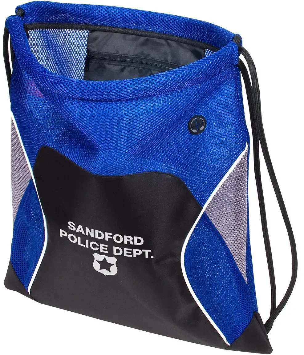 Branded Jumbo Globetrotter mesh drawstring bag side view of cinch cords