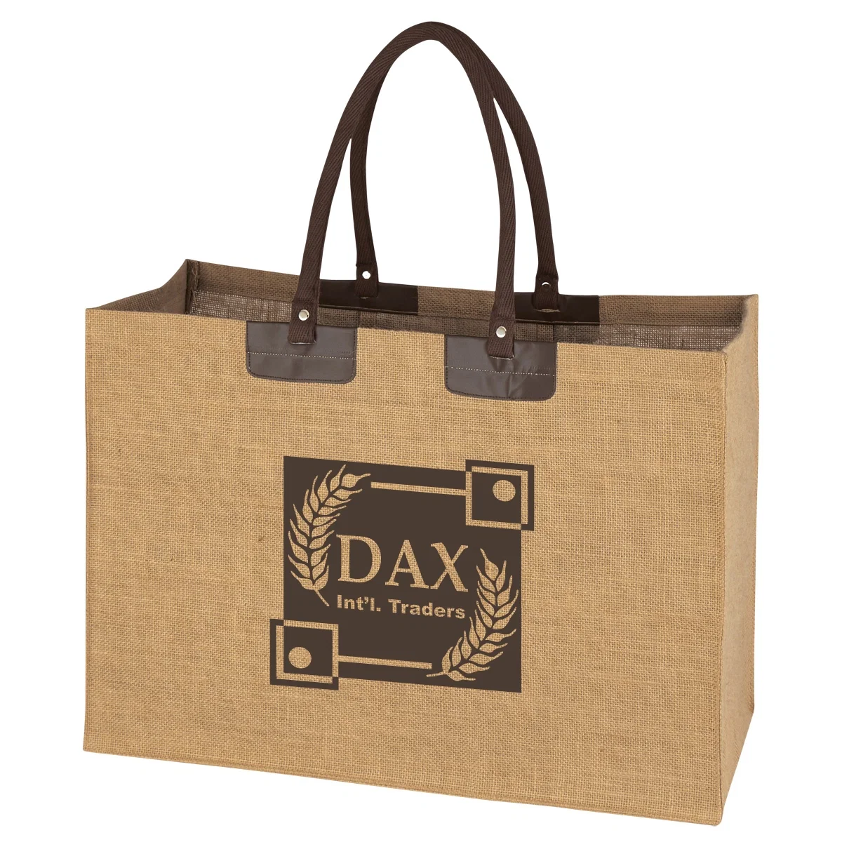 Jumbo jute tote bag with natural weave and contrasting brown trim