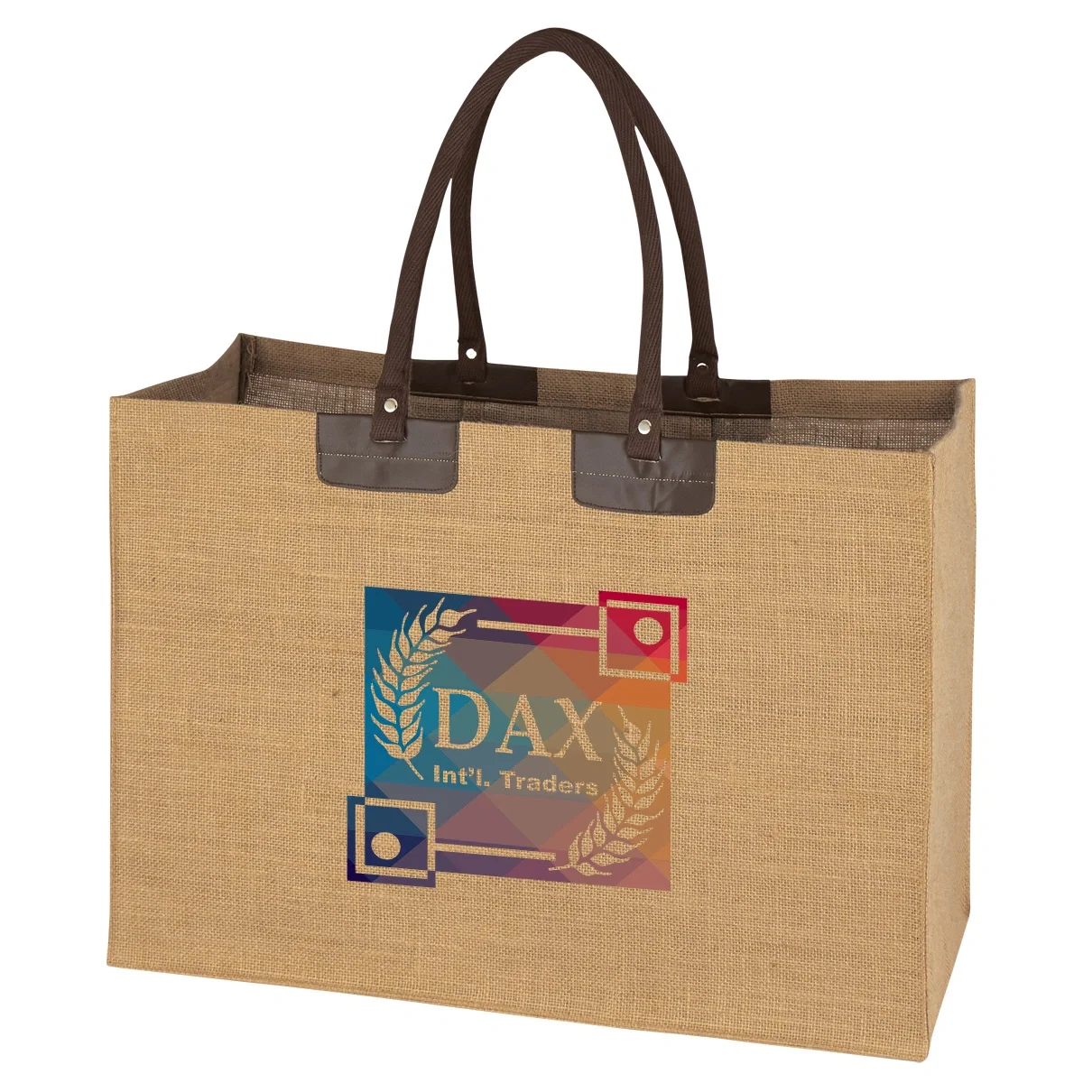 Handles stitched to the top edge of a woven jute shopper