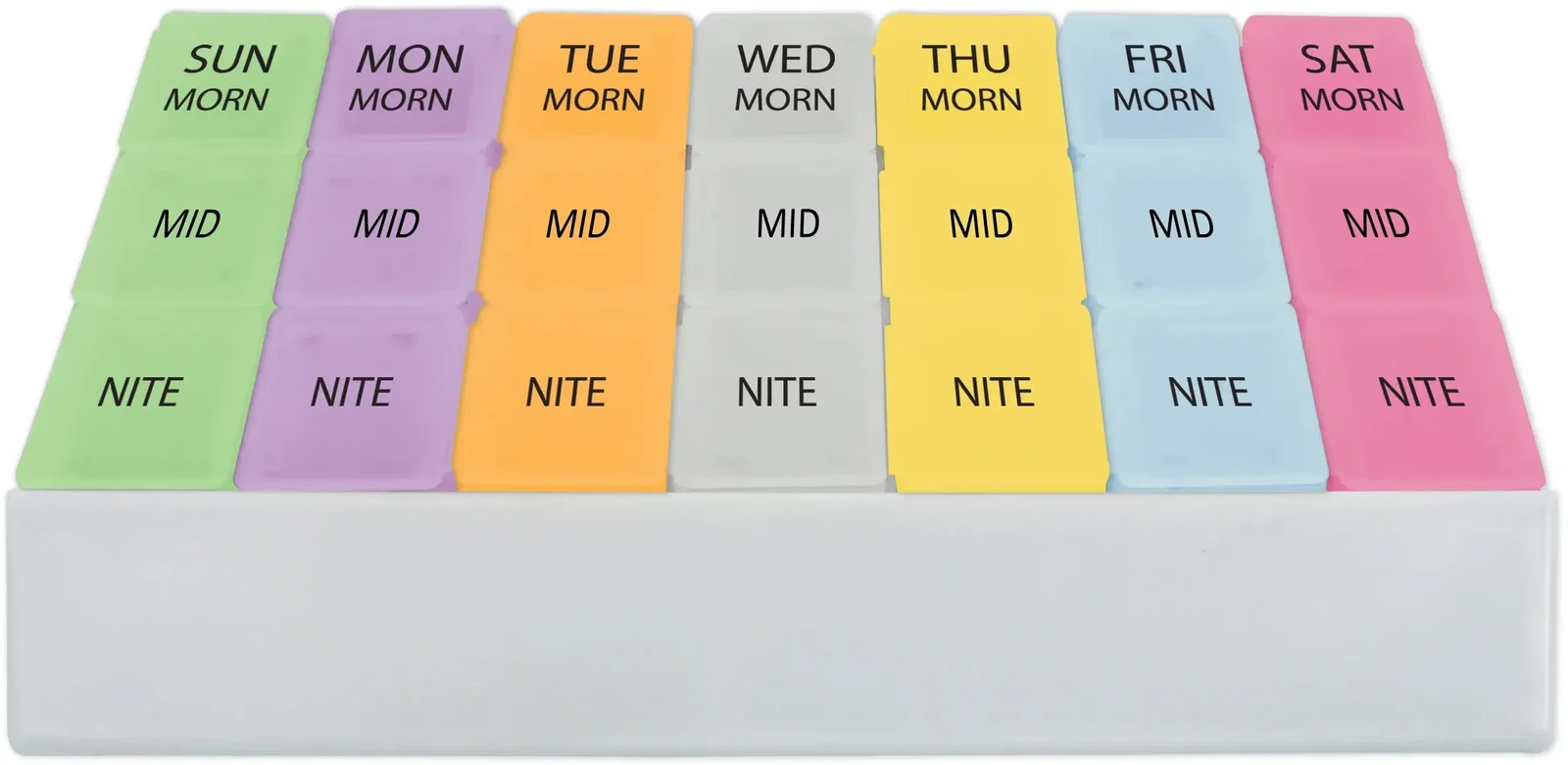 Jumbo Three For Me Medicine Tray. Jumbo weekly pill organizer tray with seven removable boxes for pharmacy giveaways, view 2