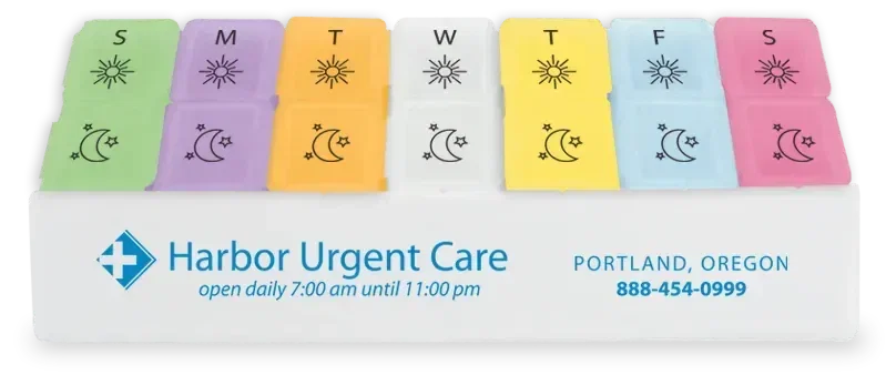 Twice-A-Day Weekly Pill Trays - Standard & Jumbo. Weekly pill tray with removable morning and night boxes for pharmacy giveaw