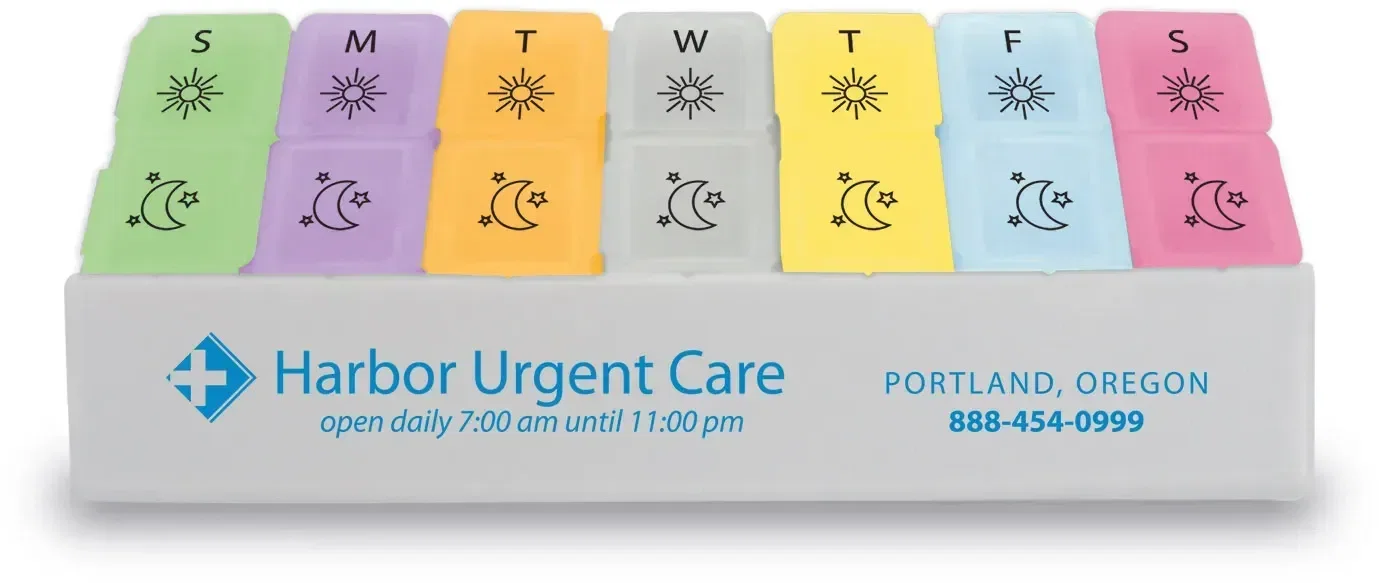 Twice-A-Day Weekly Pill Trays - Standard & Jumbo. Weekly pill tray with removable morning and night boxes for pharmacy giveaw