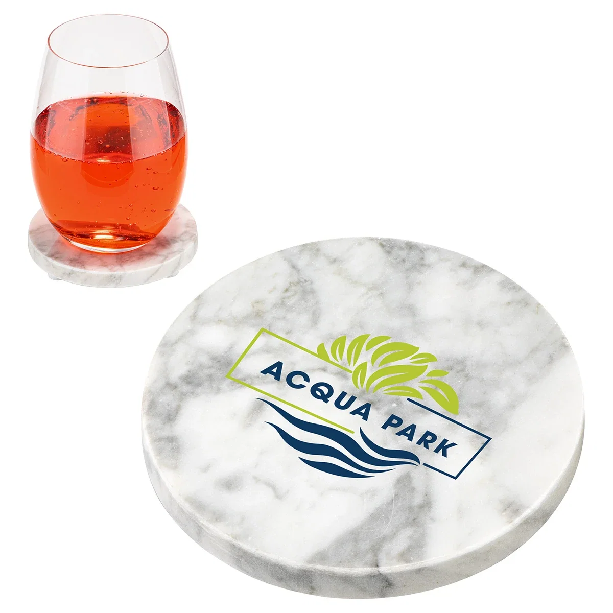 Custom Juno Marble Coaster, front view of the branded stone coaster
