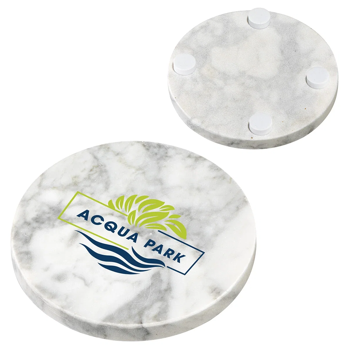Close-up of the custom Juno Marble Coaster's logo imprint area