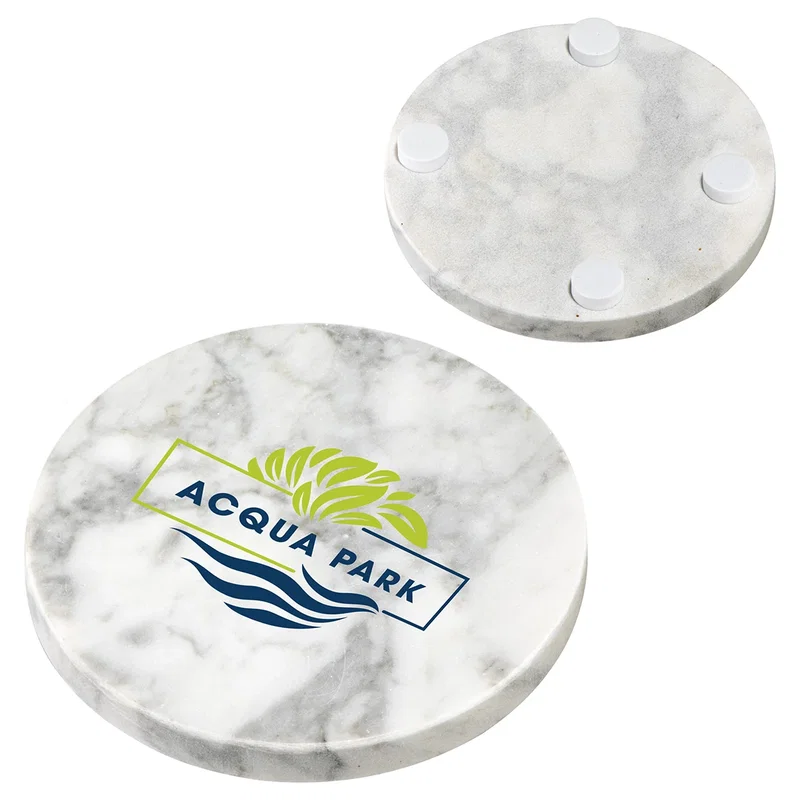 Close-up of the custom Juno Marble Coaster's logo imprint area
