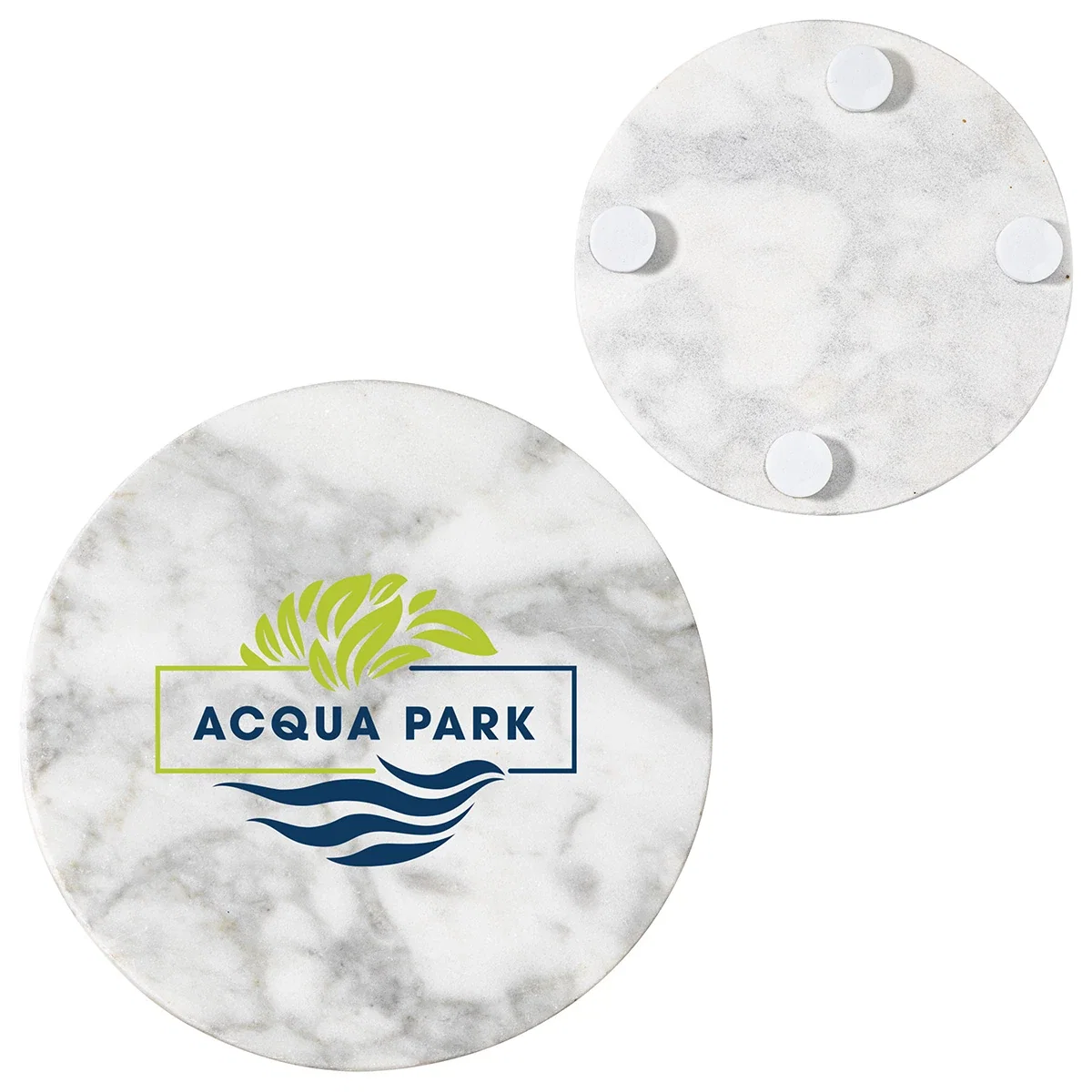 Promotional Juno Marble Coaster on a table, lifestyle shot with a drink