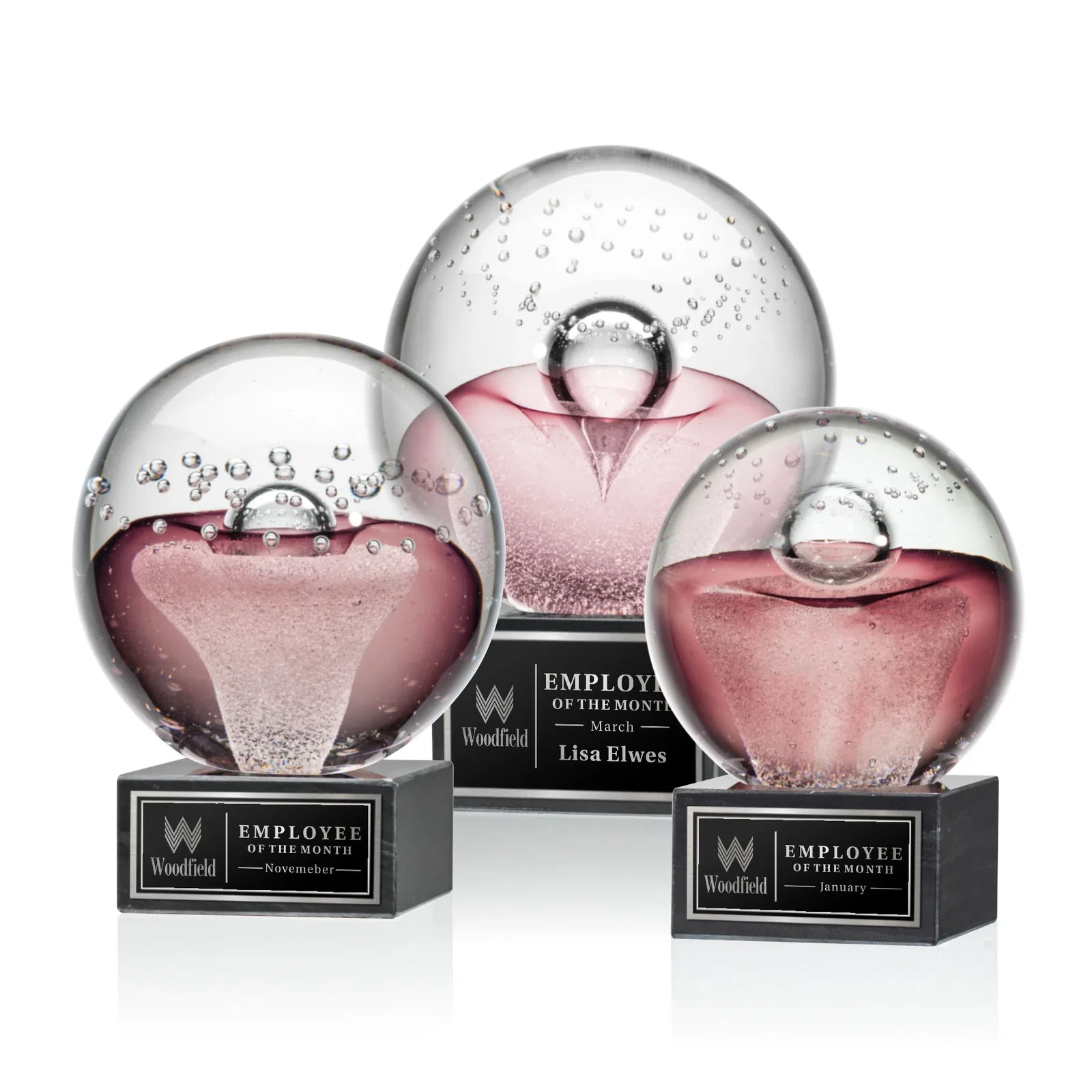 Custom Ruby Red Glass Sphere Award With Clear Bubbles on Marble Base for employee recognition