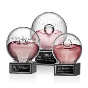 Ruby Red Glass Sphere Award With Clear Bubbles on Marble Base