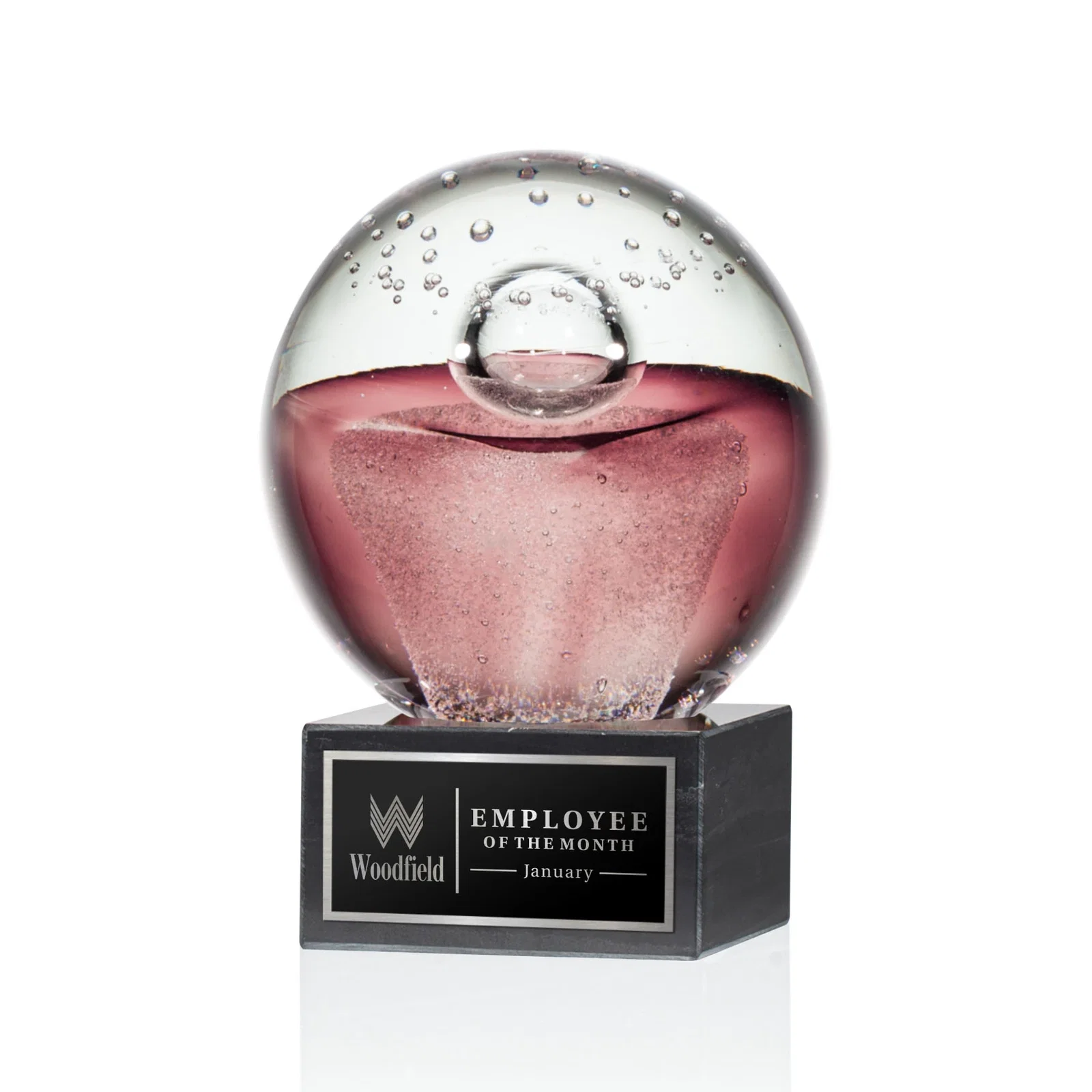 Custom Ruby Red Glass Sphere Award With Clear Bubbles on Marble Base for corporate award ceremonies