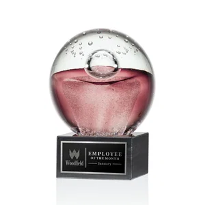 Ruby Red Glass Sphere Award With Clear Bubbles on Marble Base