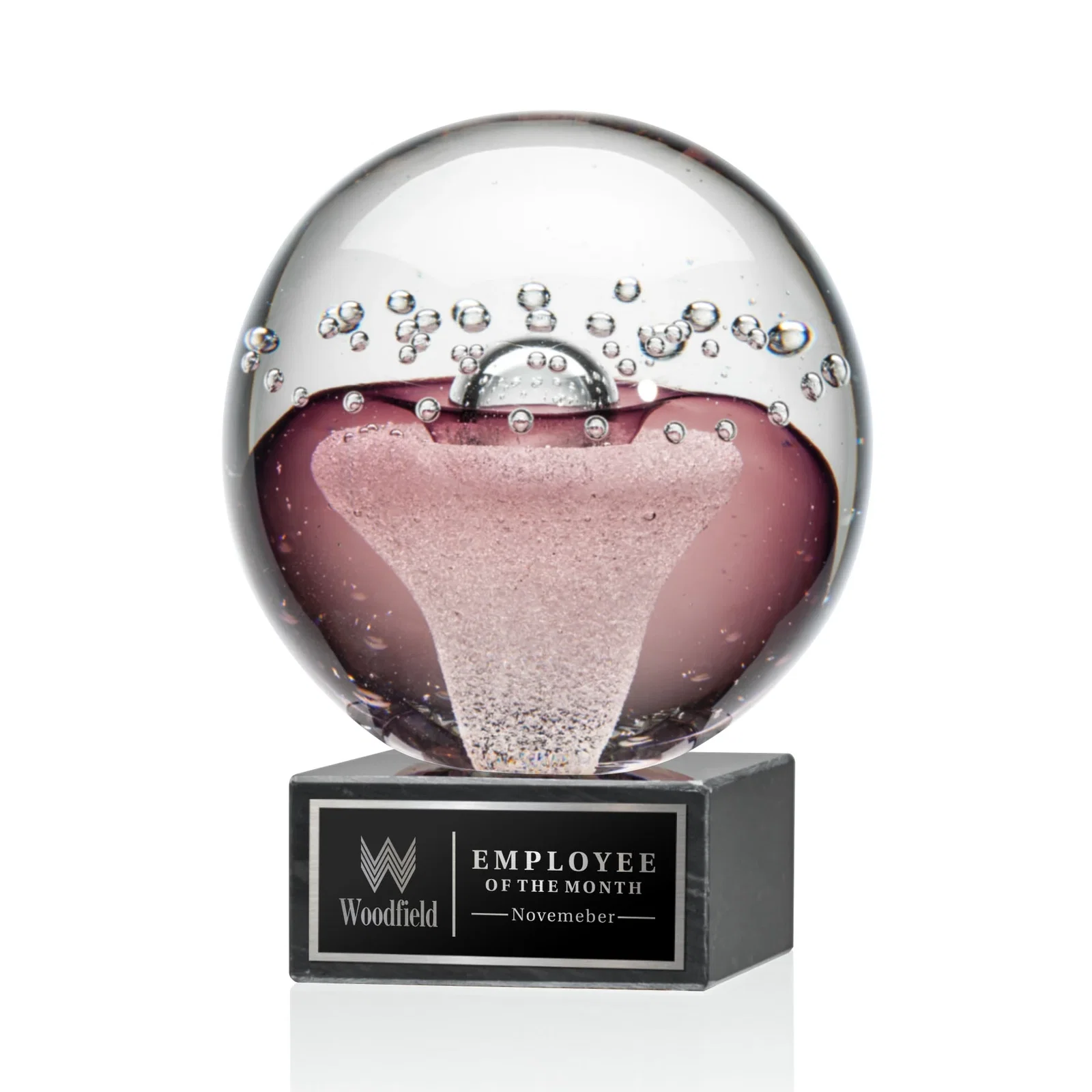 Custom Ruby Red Glass Sphere Award With Clear Bubbles on Marble Base for service anniversary gifts