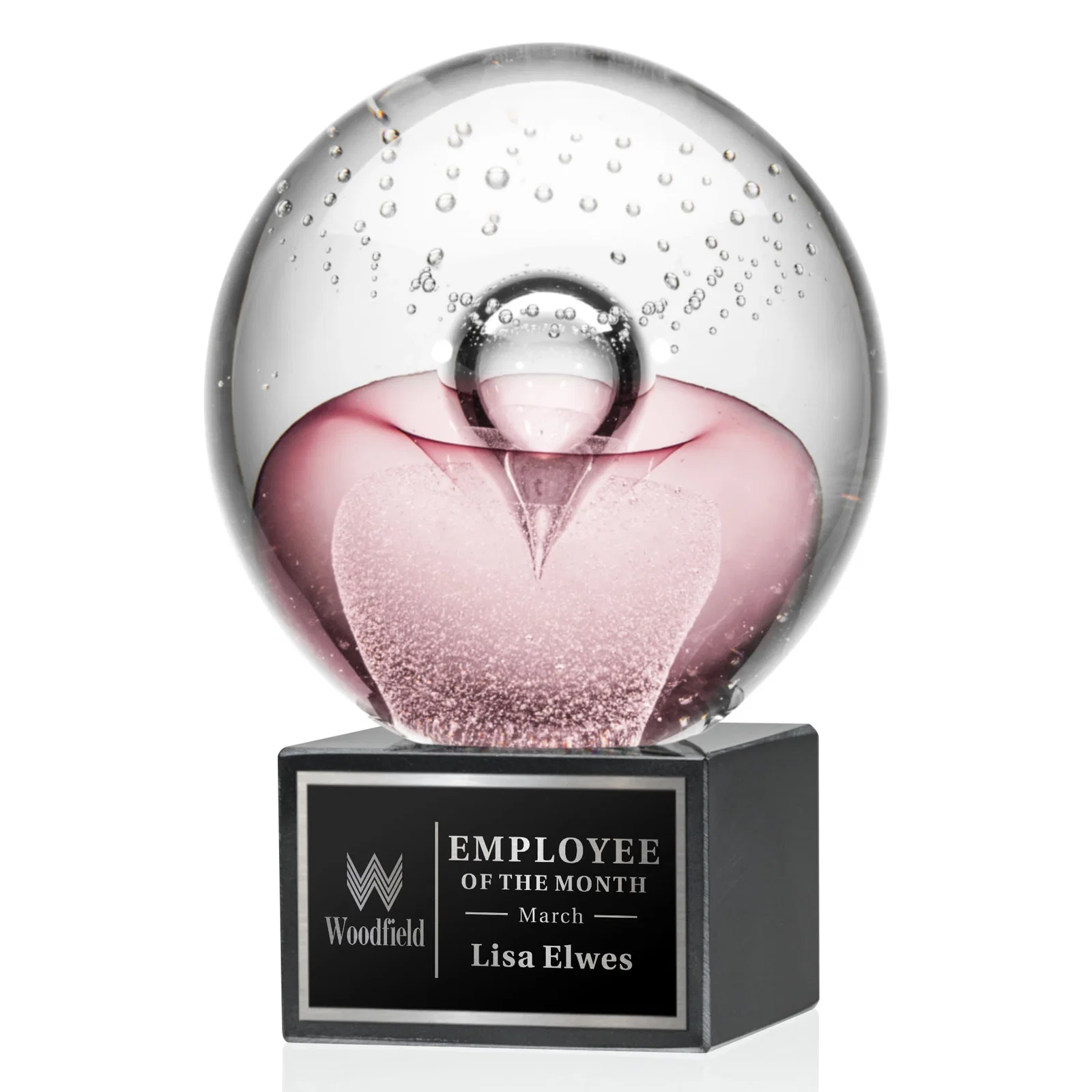 Custom Ruby Red Glass Sphere Award With Clear Bubbles on Marble Base for sales achievement awards
