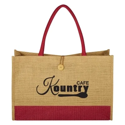 Natural jute tote with red trim and sturdy carry handles