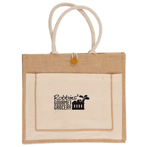 Natural Jute Tote Bag, 16" x 14" x 7" with Button Closure, 1-Color Imprint
