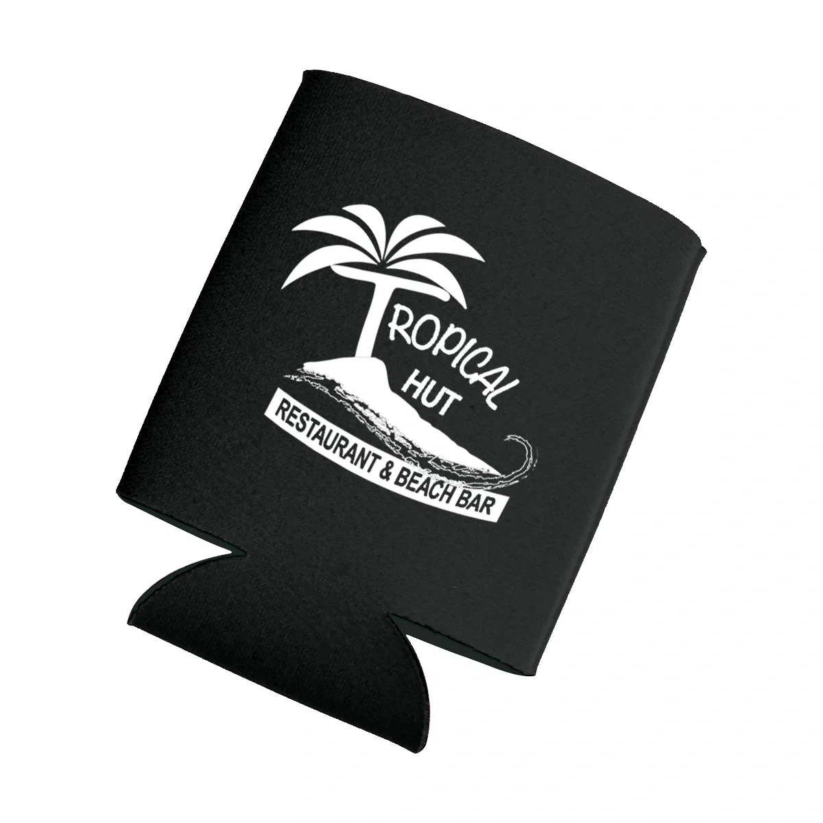 Black can cooler standing upright at four inches tall