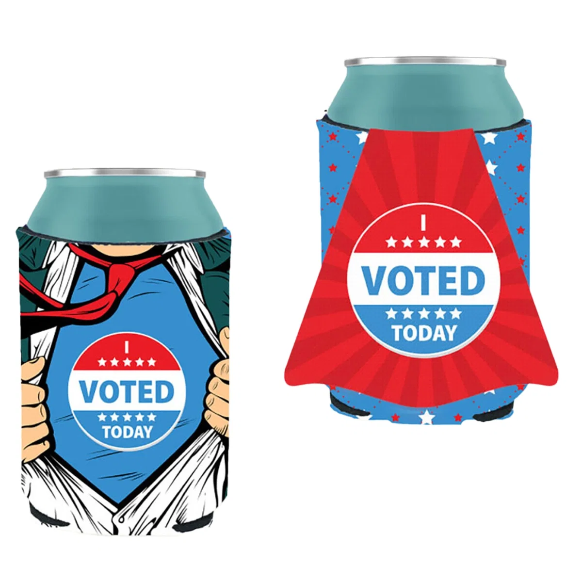 Can coolie with a detachable hero cape wrapped around a beverage