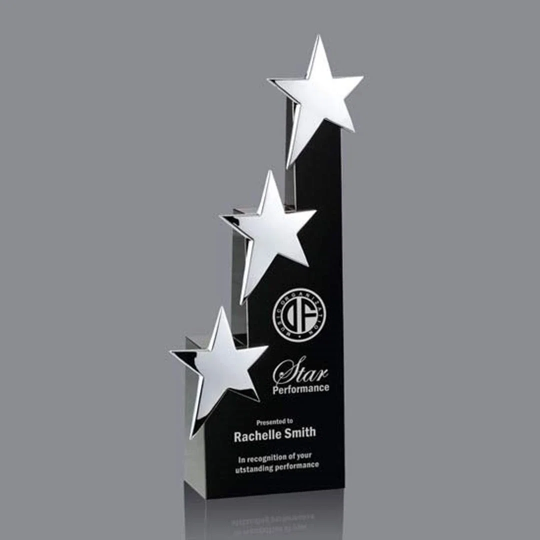 Custom Black Optical Crystal Award with Cast Metal Star Accents for employee recognition