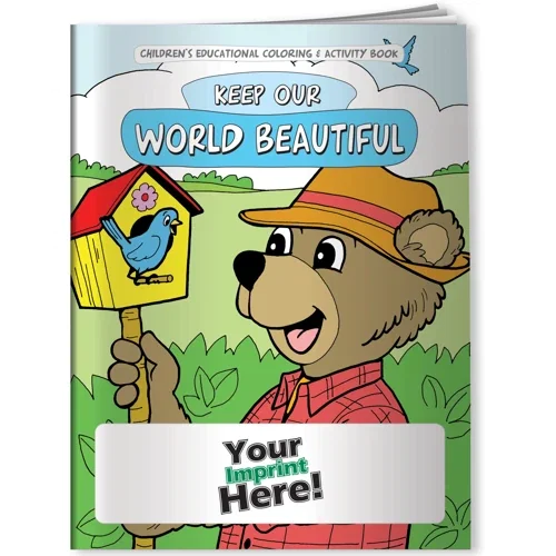 Keep Our World Beautiful coloring book cover, environmental awareness giveaway