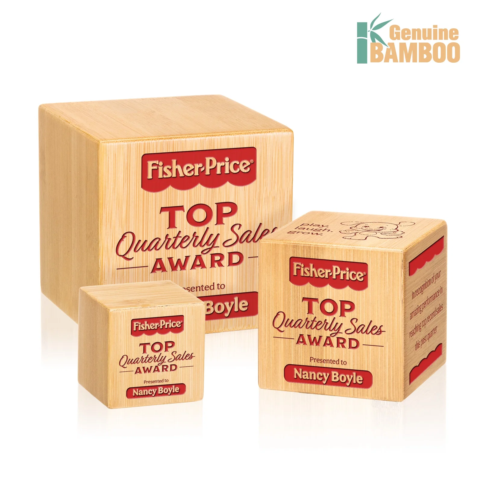 Custom Bamboo Cube Award, wood awards for retirement presentations