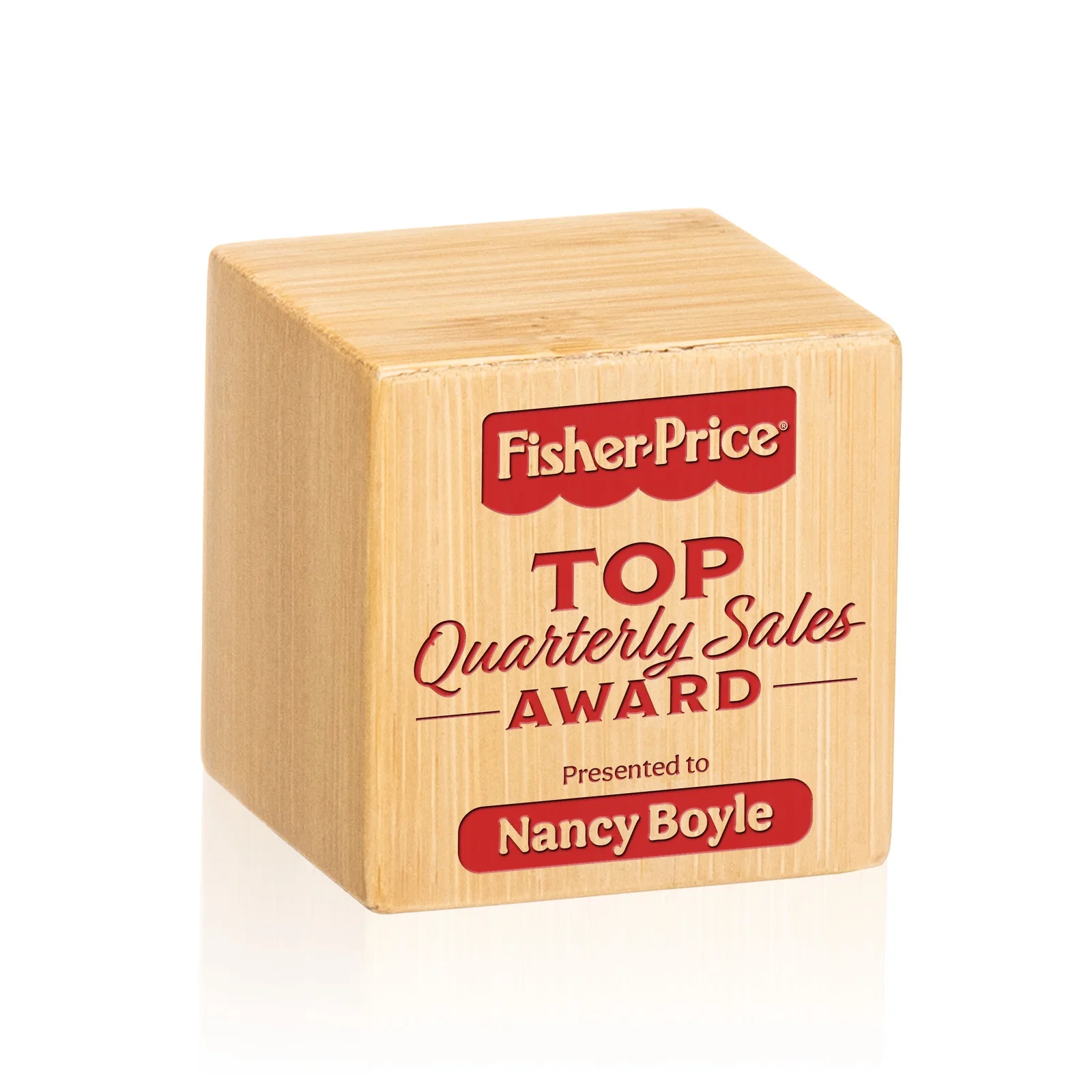 Custom Bamboo Cube Award, wood awards for team milestone celebrations
