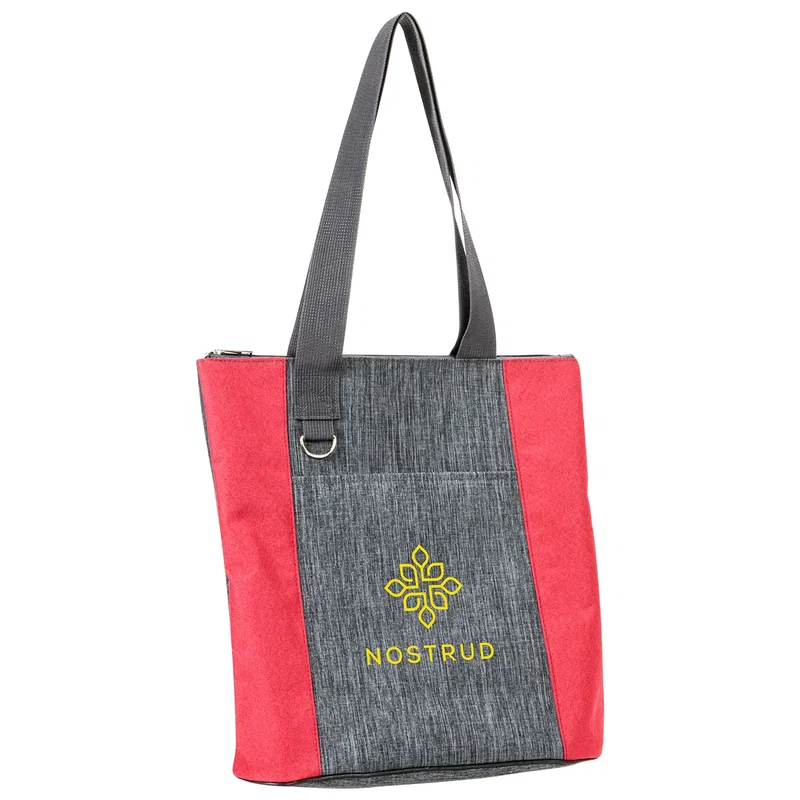 Close-up of the Kenmore Heathered Polyester Event Tote's front pocket and metal ring detail