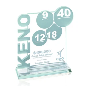 Jade Glass Keno Award With Frosted Aquashaped Lettering