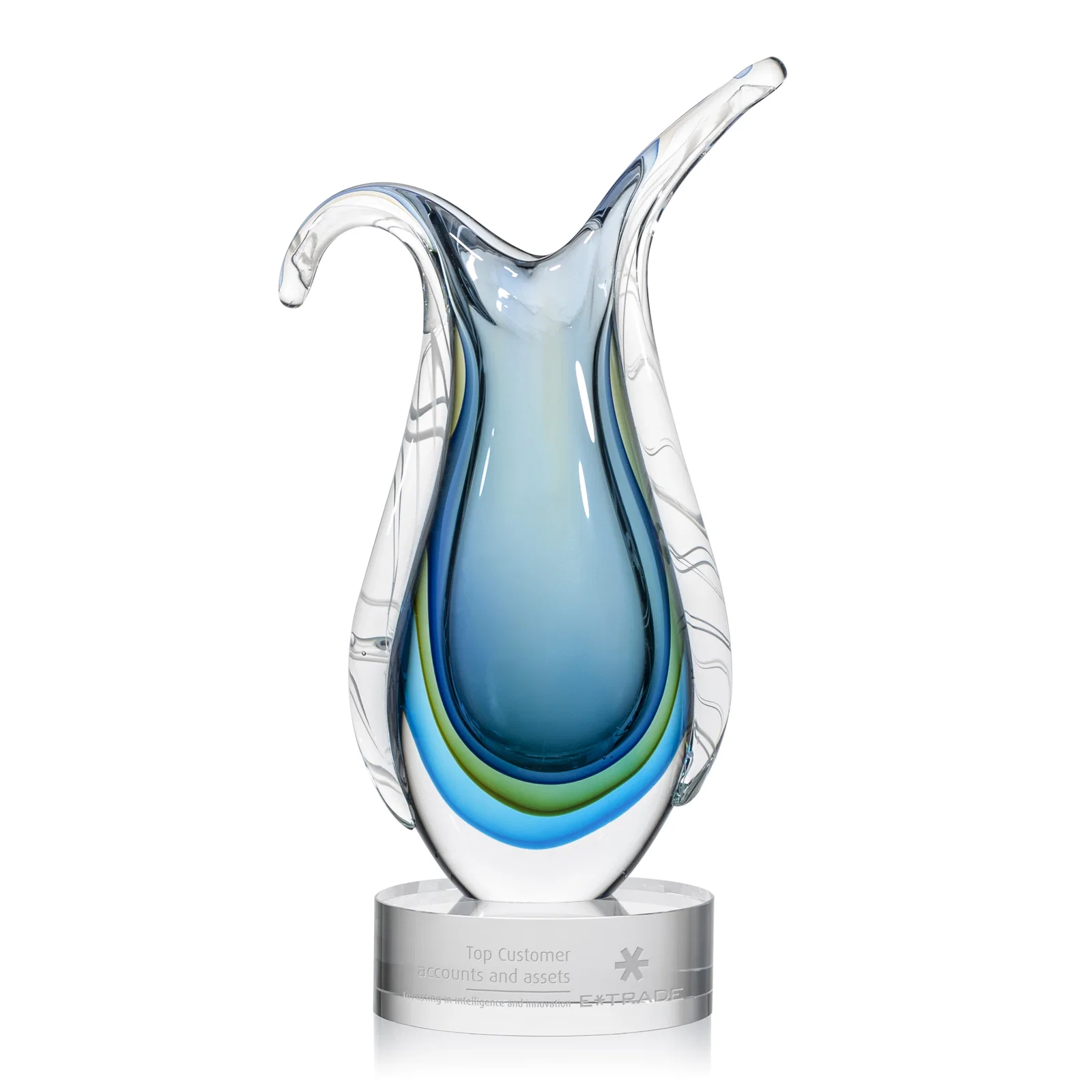 Custom Glass Sculpture Award in Blue, Clear, Green, or Light Blue for employee recognition