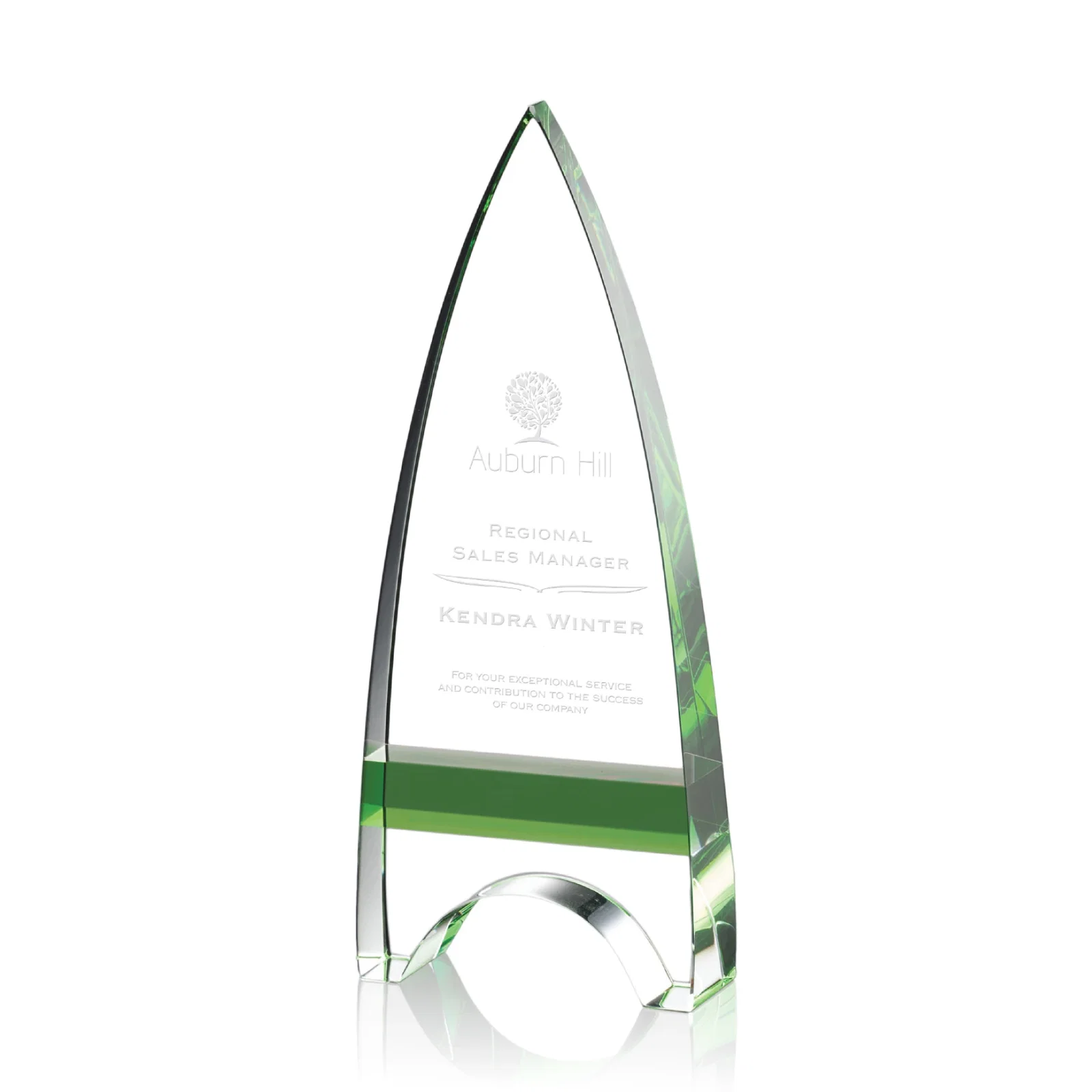 Custom Optical Crystal Arrowhead Award with an Inlaid Sapphire Accent for volunteer appreciation