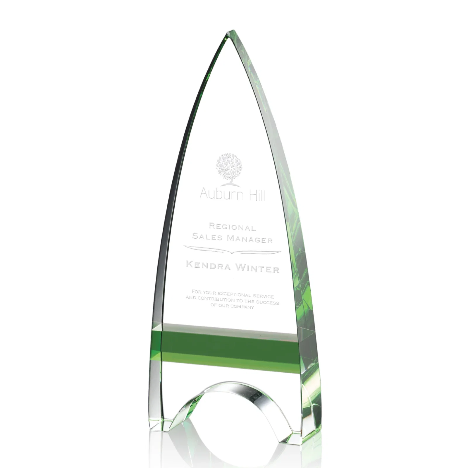 Custom Optical Crystal Arrowhead Award with an Inlaid Sapphire Accent for company anniversary events