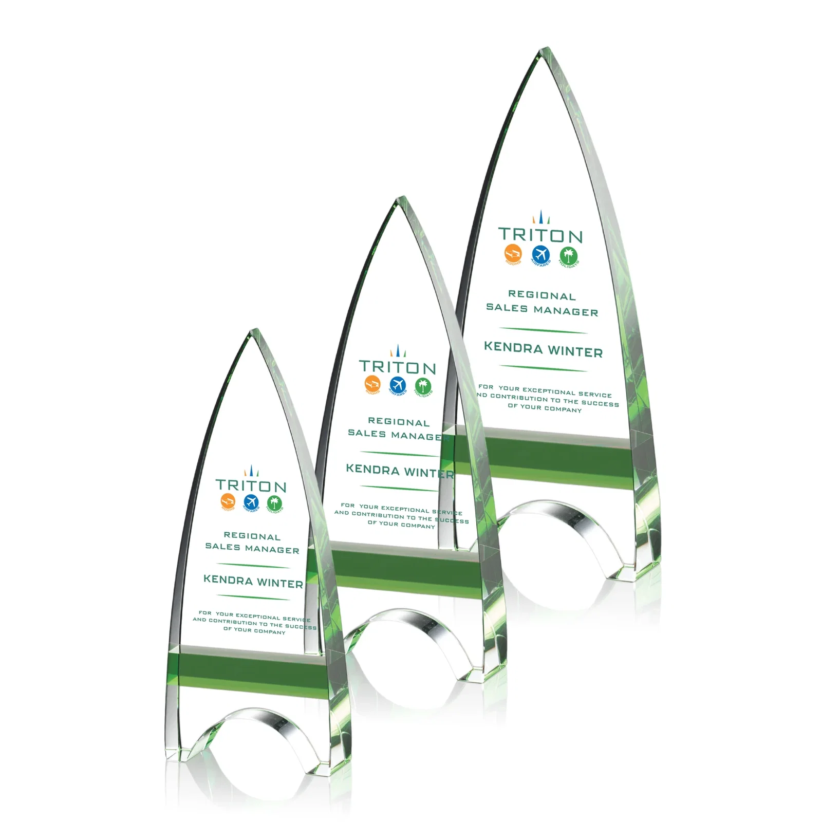Personalized Optical Crystal Arrowhead Award with an Inlaid Sapphire Accent for employee recognition