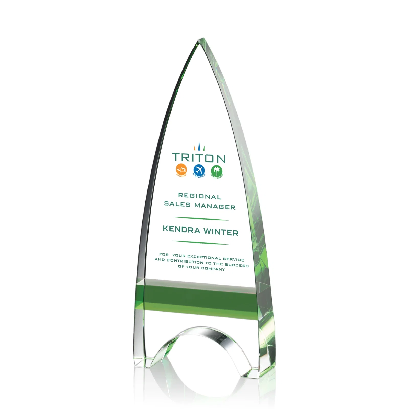 Personalized Optical Crystal Arrowhead Award with an Inlaid Sapphire Accent for corporate award ceremonies