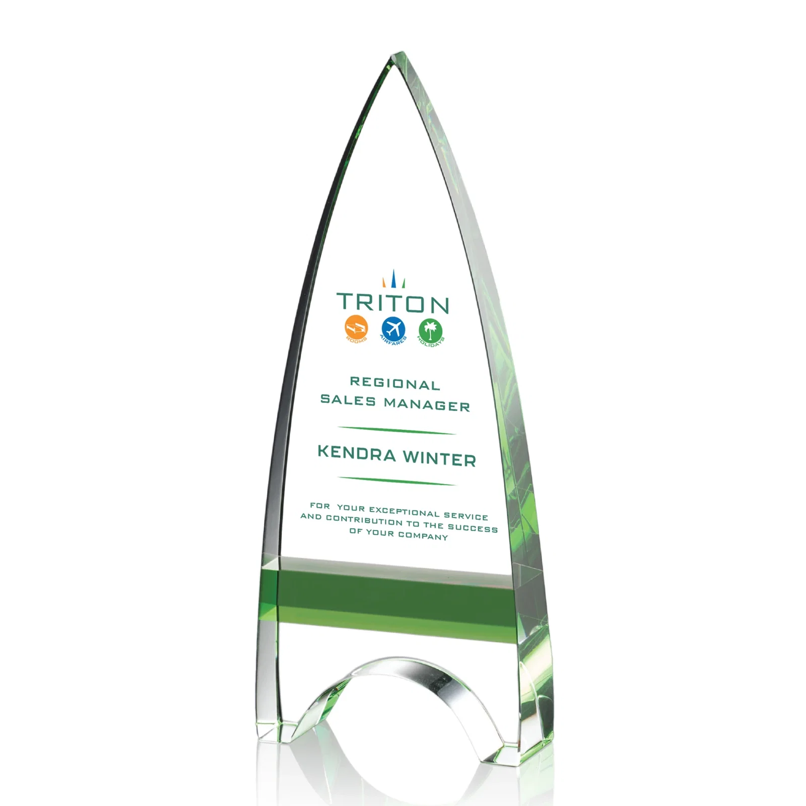 Personalized Optical Crystal Arrowhead Award with an Inlaid Sapphire Accent for sales achievement awards