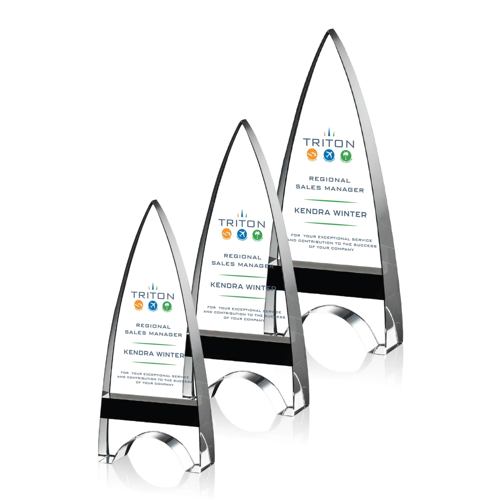 Personalized Optical Crystal Arrowhead Award with an Inlaid Sapphire Accent for retirement presentations