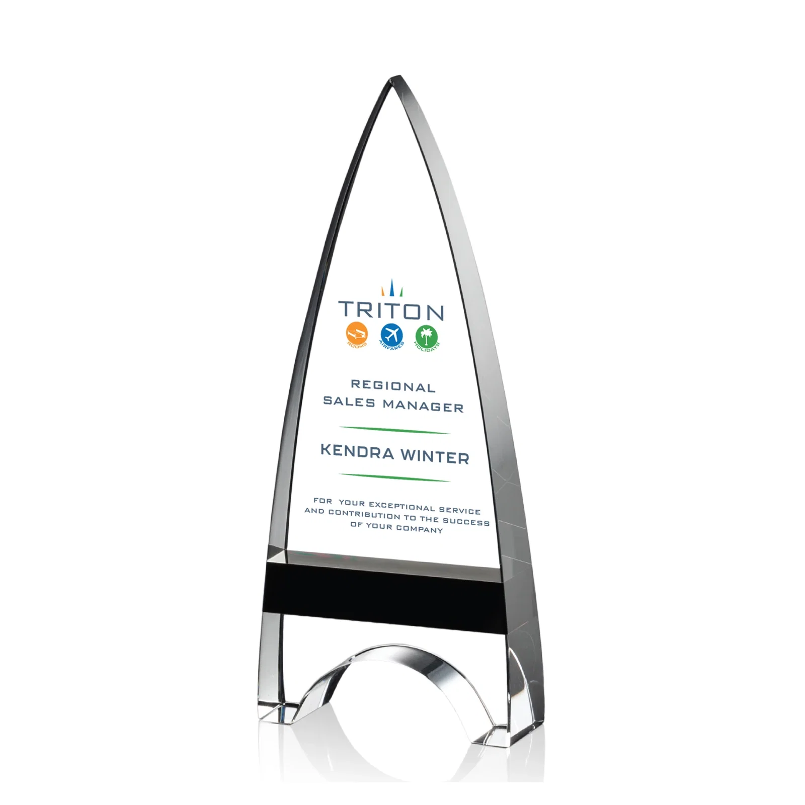 Personalized Optical Crystal Arrowhead Award with an Inlaid Sapphire Accent for team milestone celebrations