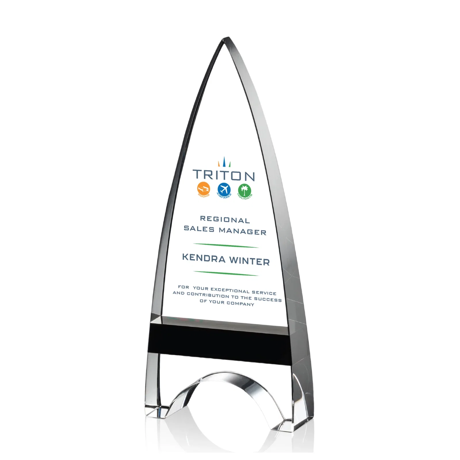 Personalized Optical Crystal Arrowhead Award with an Inlaid Sapphire Accent for donor appreciation
