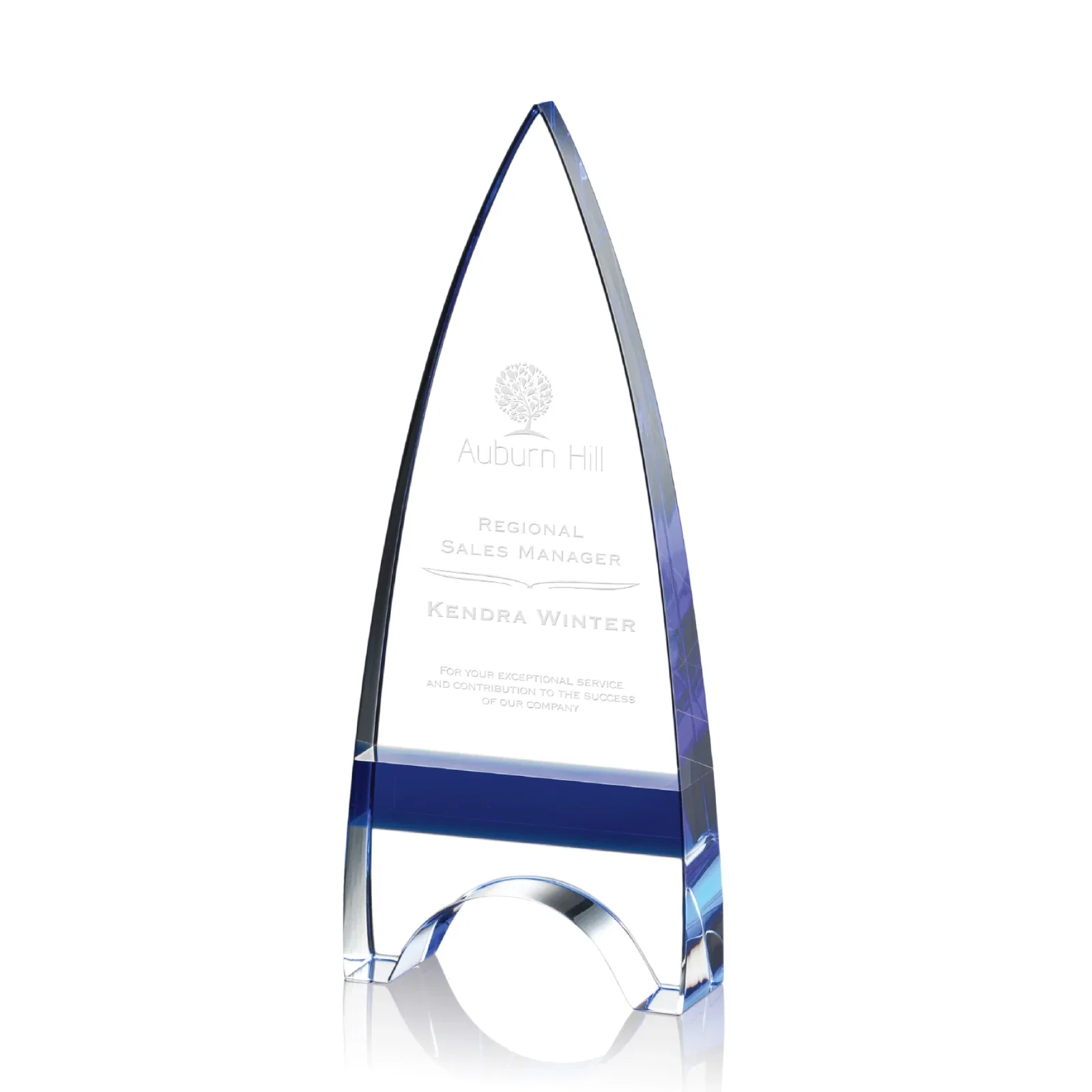 Custom Optical Crystal Arrowhead Award with an Inlaid Sapphire Accent for corporate award ceremonies