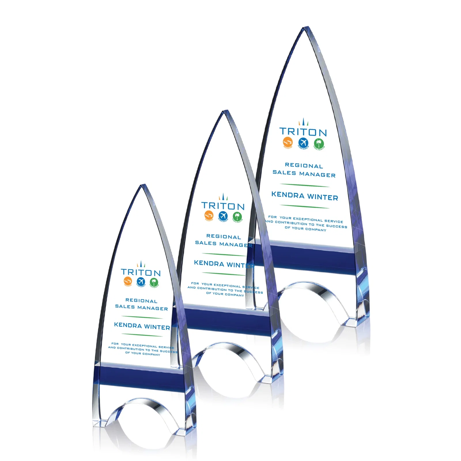 Personalized Optical Crystal Arrowhead Award with an Inlaid Sapphire Accent for safety achievement programs