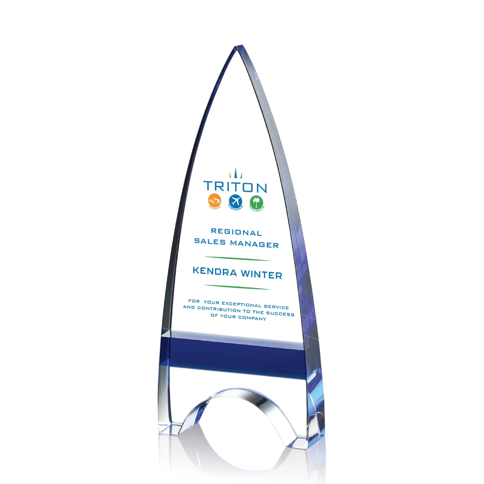 Personalized Optical Crystal Arrowhead Award with an Inlaid Sapphire Accent for volunteer appreciation