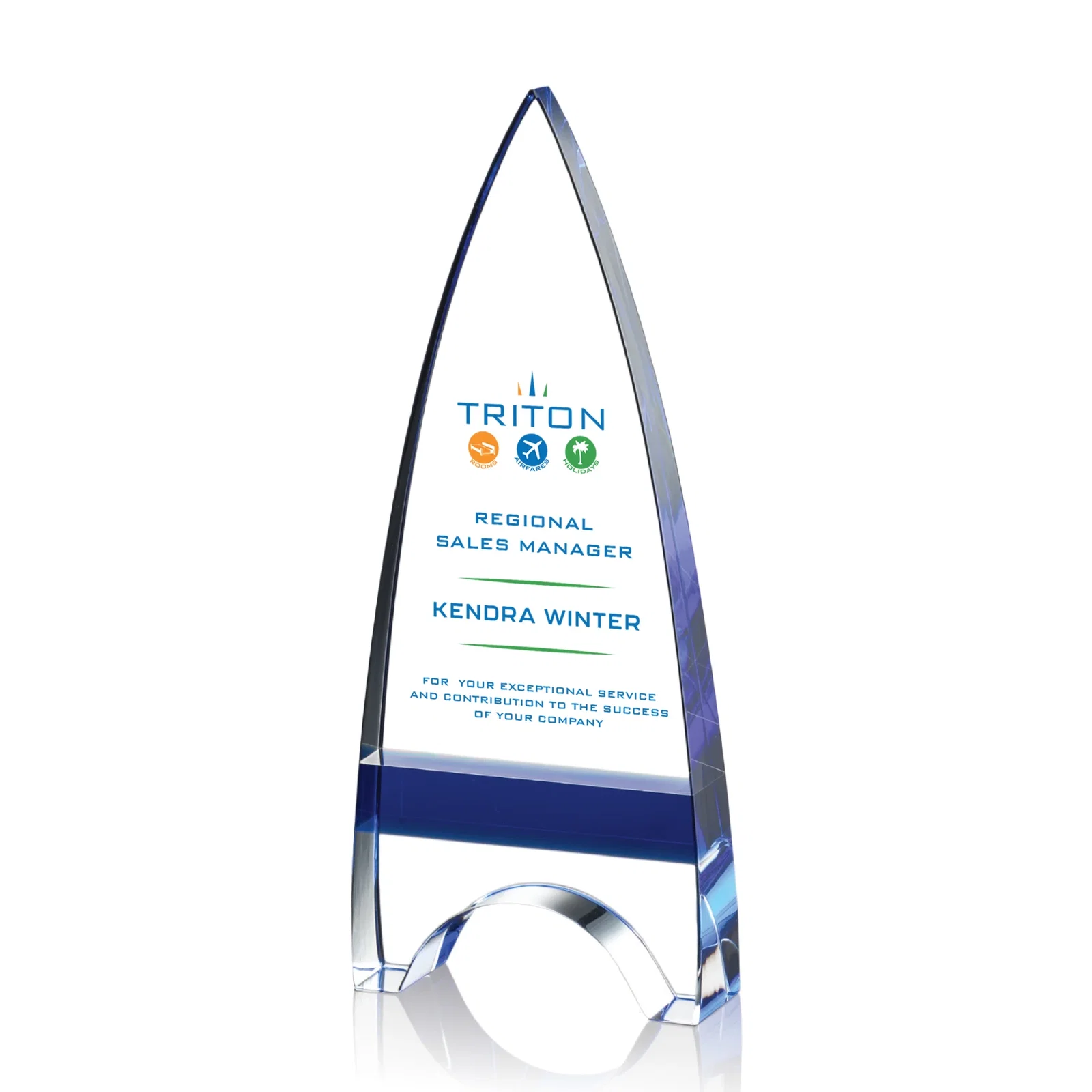 Personalized Optical Crystal Arrowhead Award with an Inlaid Sapphire Accent for dealer and partner awards