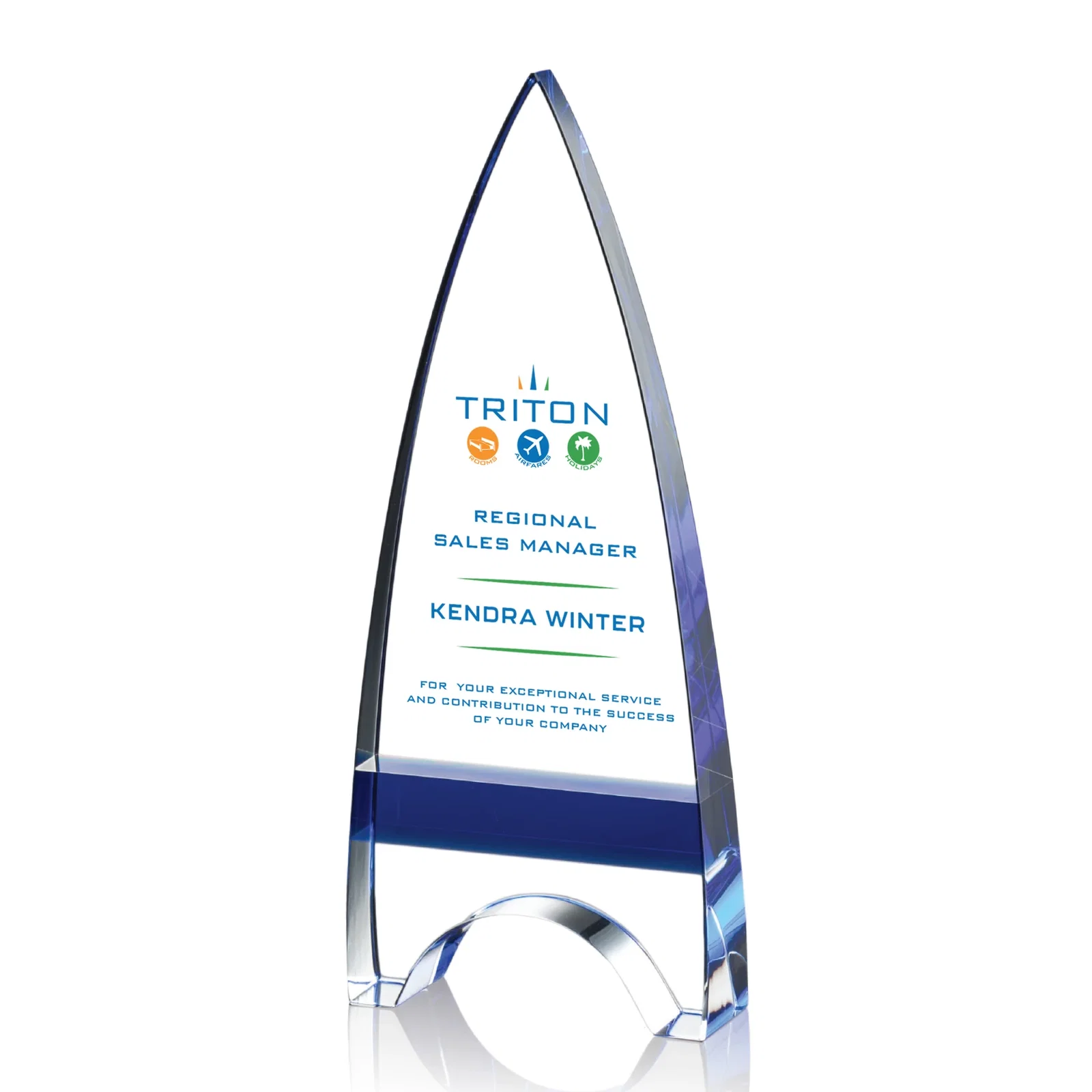 Personalized Optical Crystal Arrowhead Award with an Inlaid Sapphire Accent for company anniversary events
