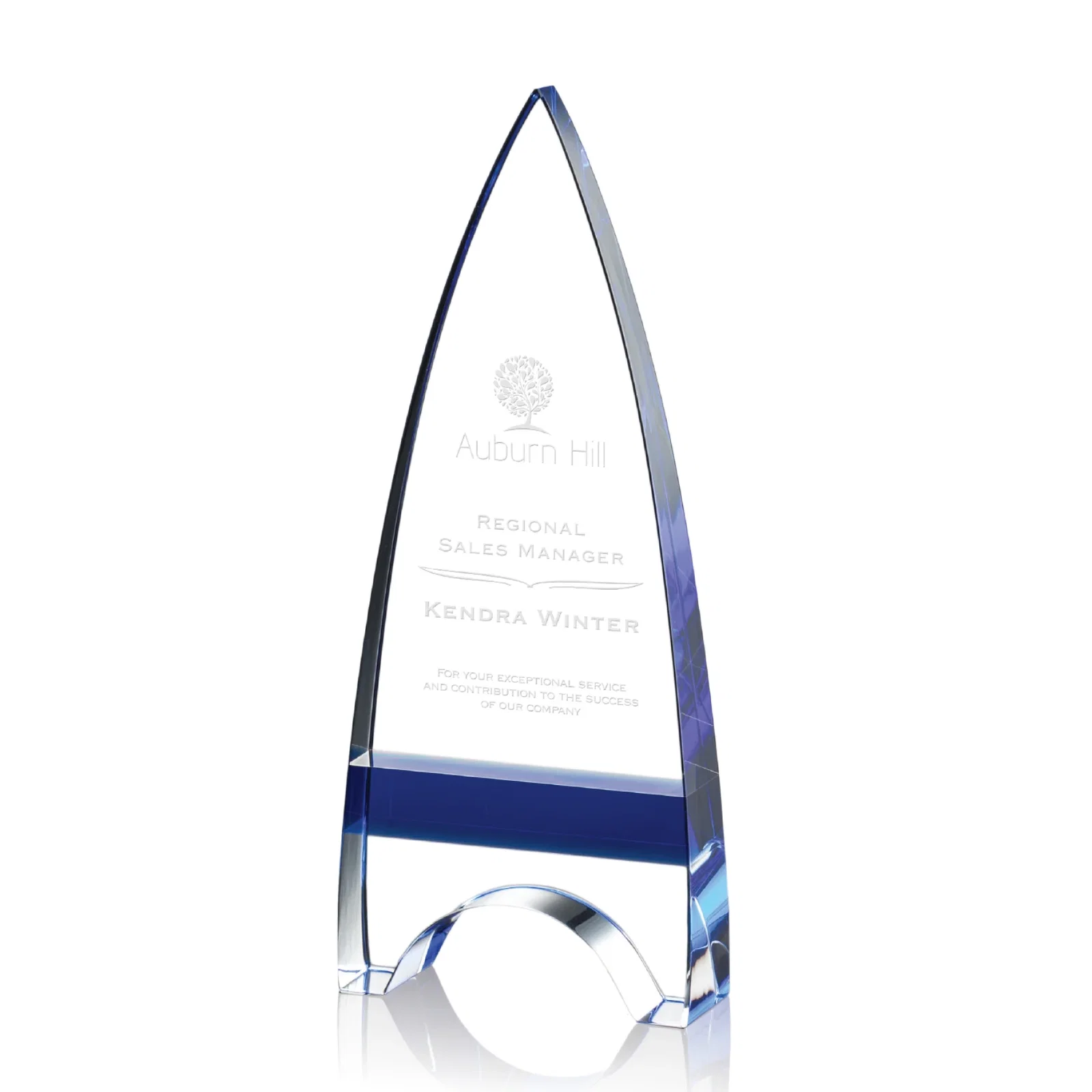 Custom Optical Crystal Arrowhead Award with an Inlaid Sapphire Accent for service anniversary gifts