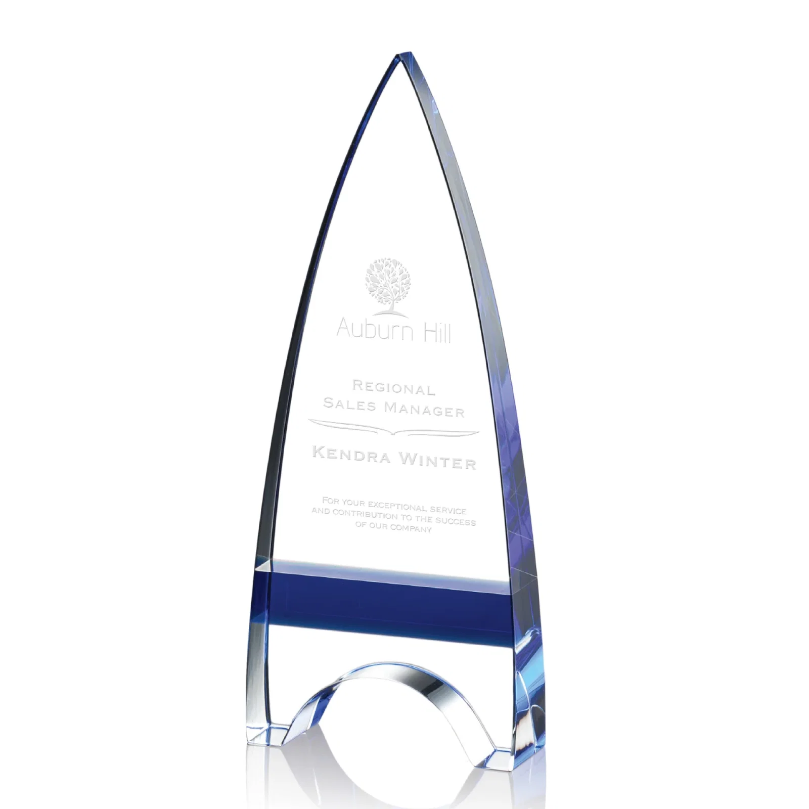 Custom Optical Crystal Arrowhead Award with an Inlaid Sapphire Accent for sales achievement awards