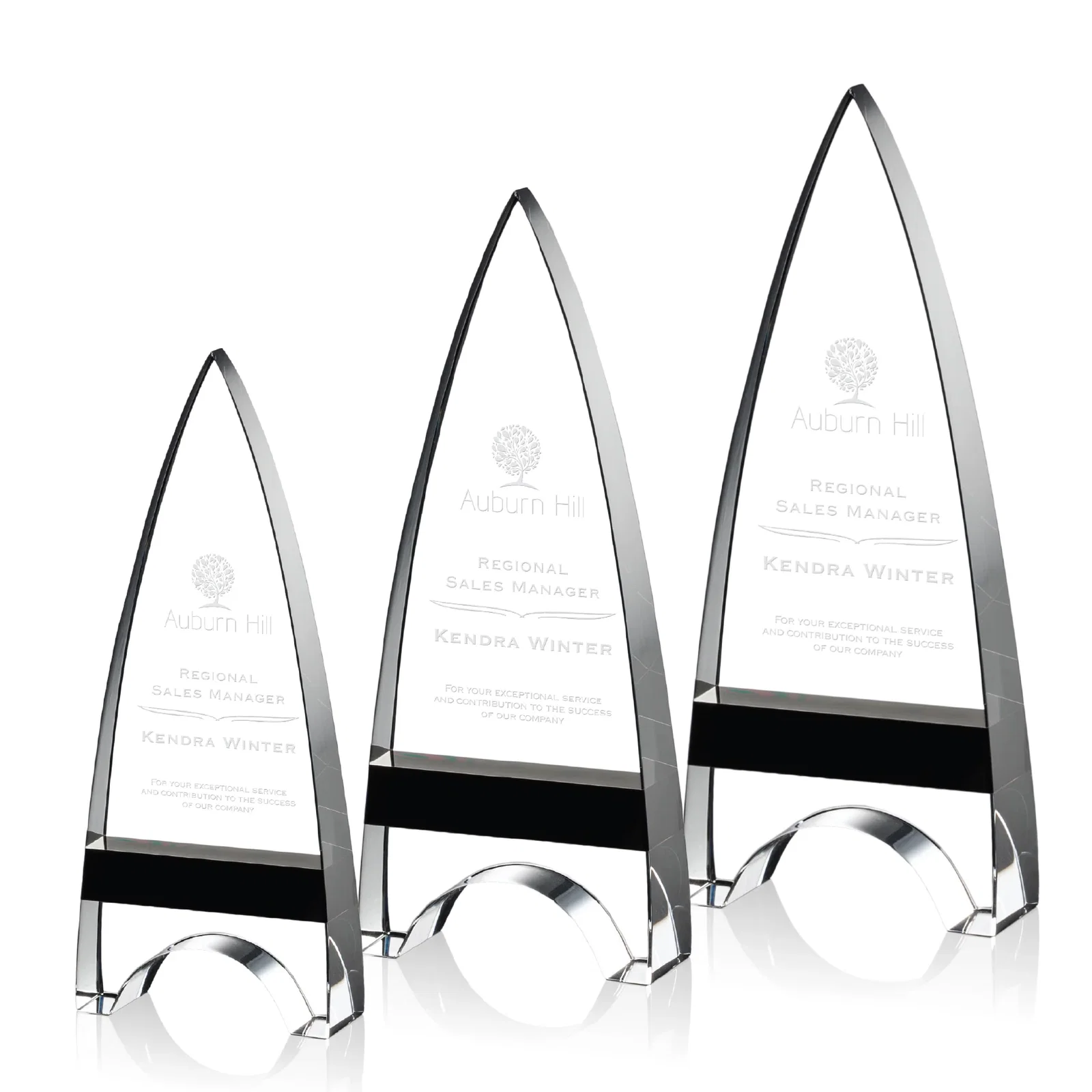 Custom Optical Crystal Arrowhead Award with an Inlaid Sapphire Accent for retirement presentations