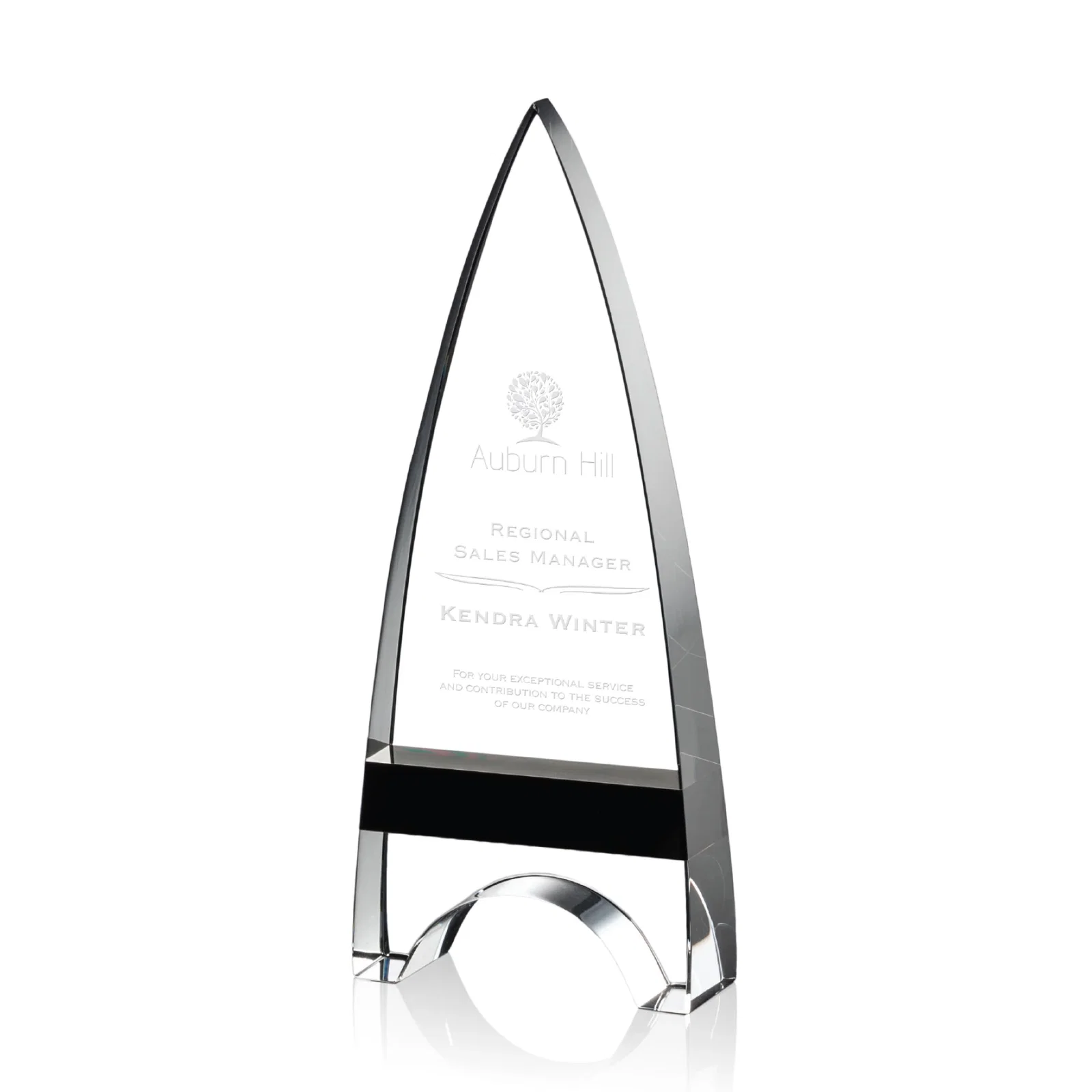 Custom Optical Crystal Arrowhead Award with an Inlaid Sapphire Accent for team milestone celebrations