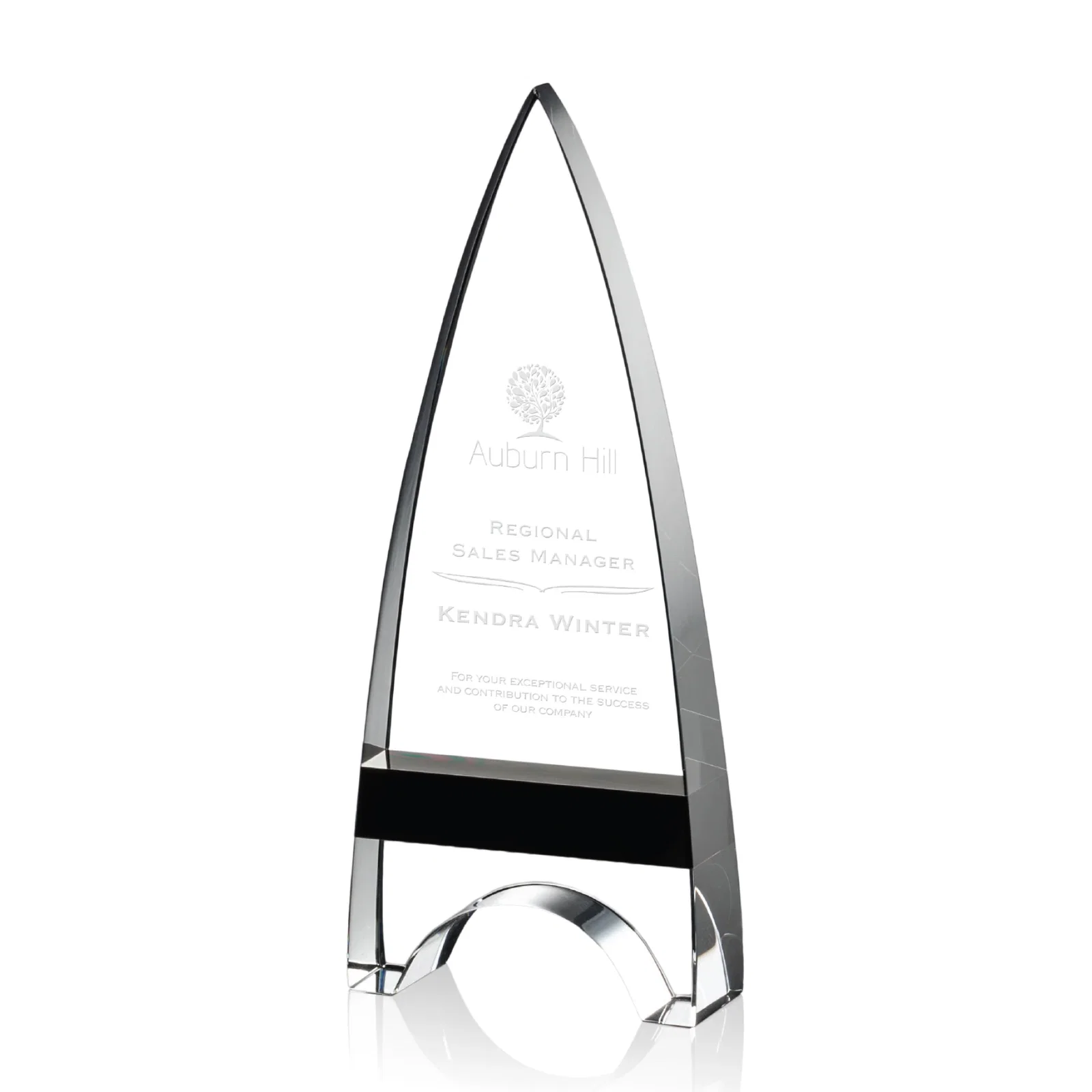 Custom Optical Crystal Arrowhead Award with an Inlaid Sapphire Accent for donor appreciation